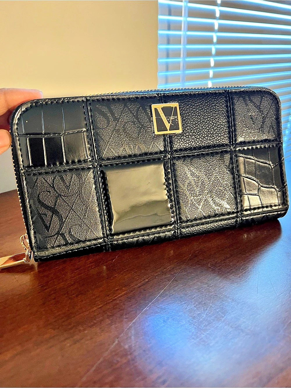 Victoria's Secret Black Patchwork Zip-Around Wallet